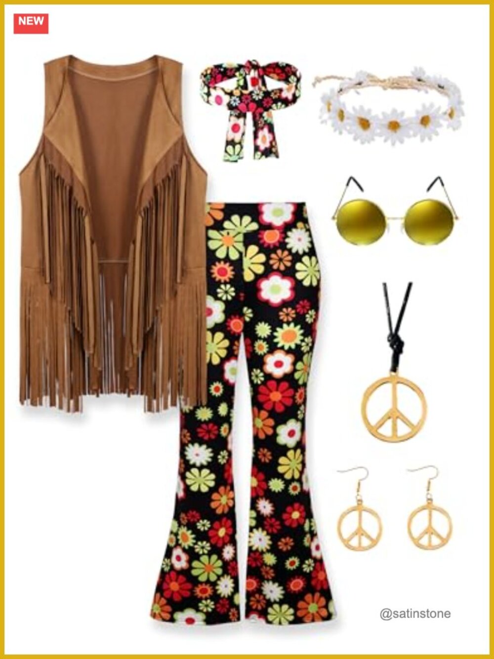 Womens Hippie Costume Set Fringe Vest Flared Pants Peace Sign Necklace 70s